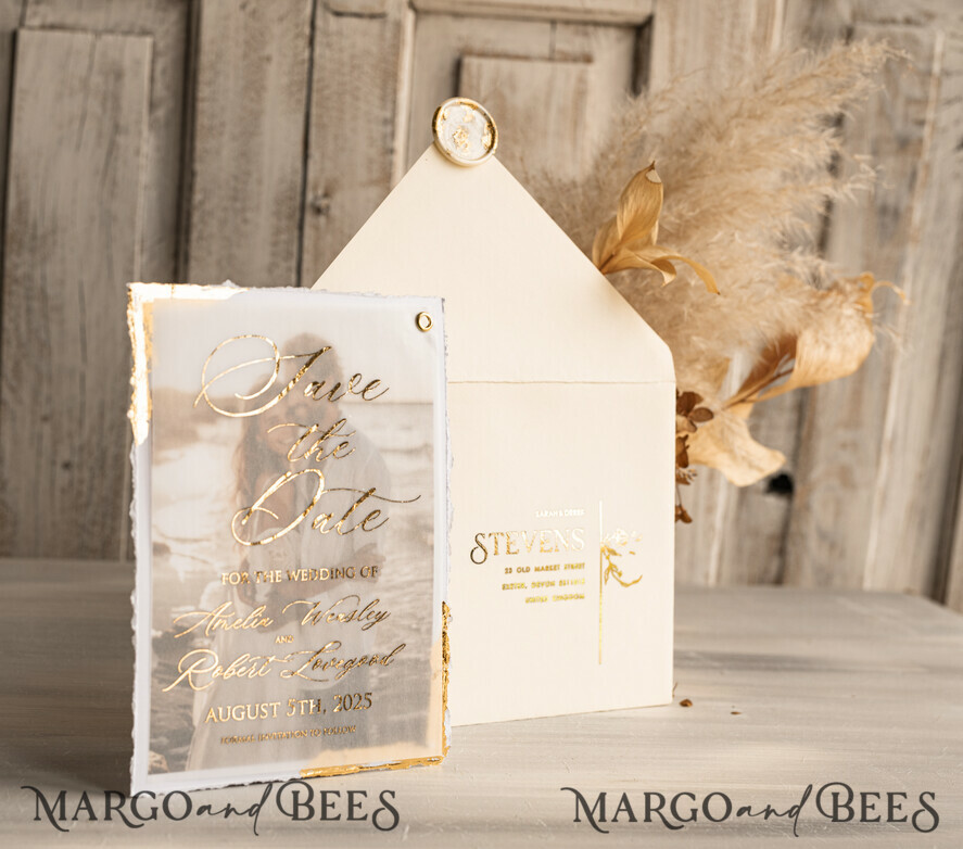 Ivory and Gold Deckled Edge Save the Date Cards with Boho Vellum Photo