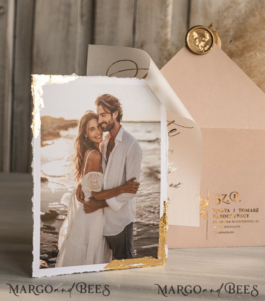 Blush Pink and Gold Deckled Edges Save the Date Cards with Photo, Boho Vellum Golden Save Our Dates with Photo