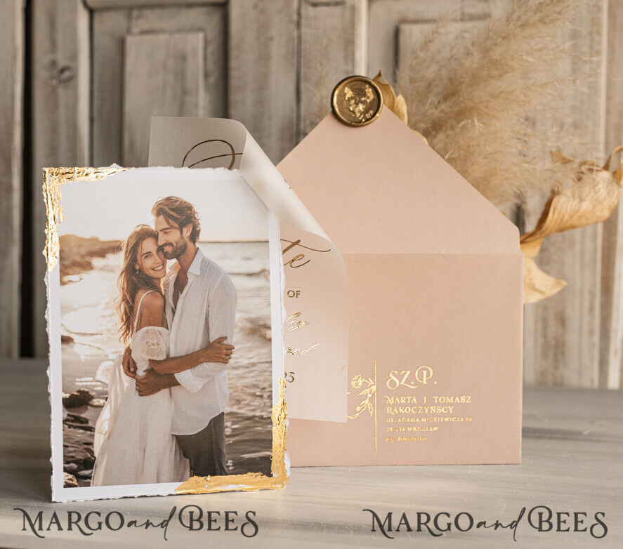 Blush Pink and Gold Deckled Edges Save the Date Cards with Photo, Boho Vellum Golden Save Our Dates with Photo