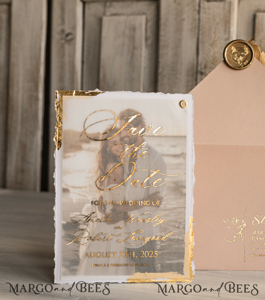 Blush Pink and Gold Deckled Edges Save the Date Cards with Photo, Boho Vellum Golden Save Our Dates with Photo