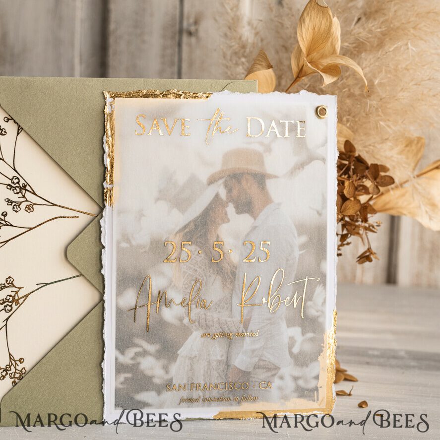 Sage green and Gold Deckled Edges Save the Date Cards with Photo, Boho Vellum Golden Save Our Dates with Photo