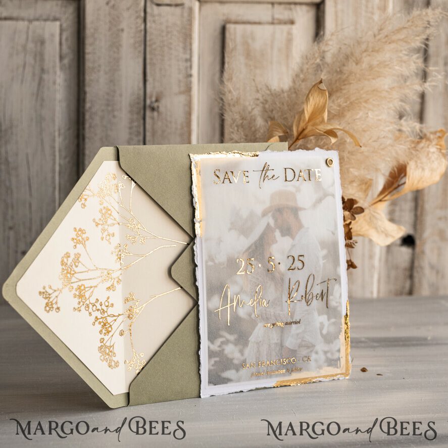 Sage green and Gold Deckled Edges Save the Date Cards with Photo, Boho Vellum Golden Save Our Dates with Photo