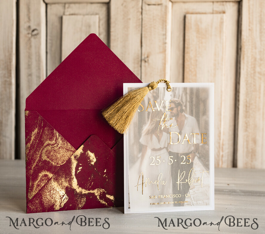 Maroon Tassel Gold Marble Save the Date Cards with Photo, Burgundy Vellum Save Our Dates with Photo Gold Foil Calendar Cards