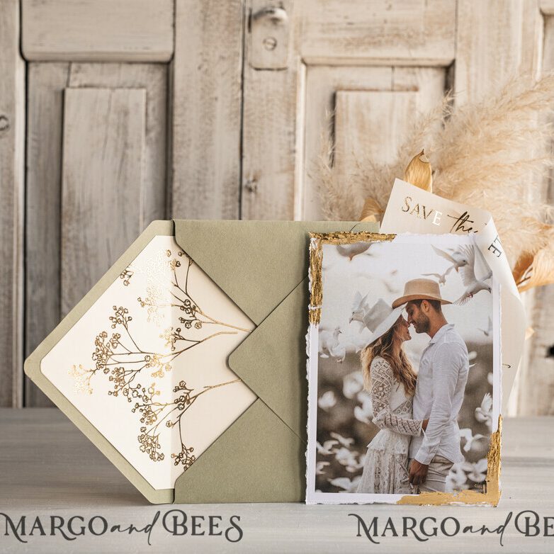 Sage green and Gold Deckled Edges Save the Date Cards with Photo, Boho Vellum Golden Save Our Dates with Photo