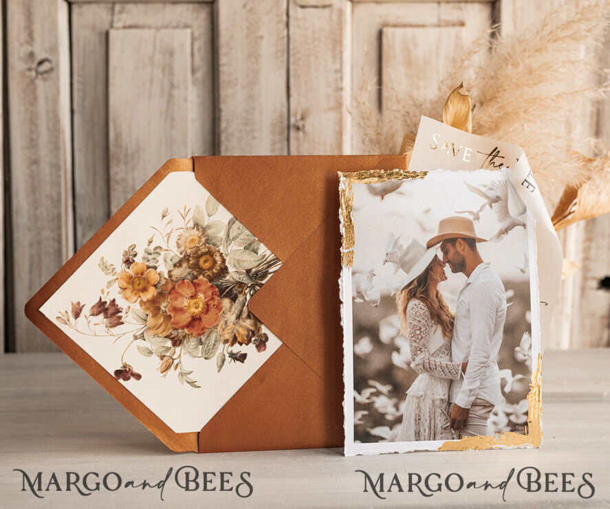 Terracotta Save the Date Cards with Photo, Burnt Orange Vellum Golden Save Our Dates with Photo