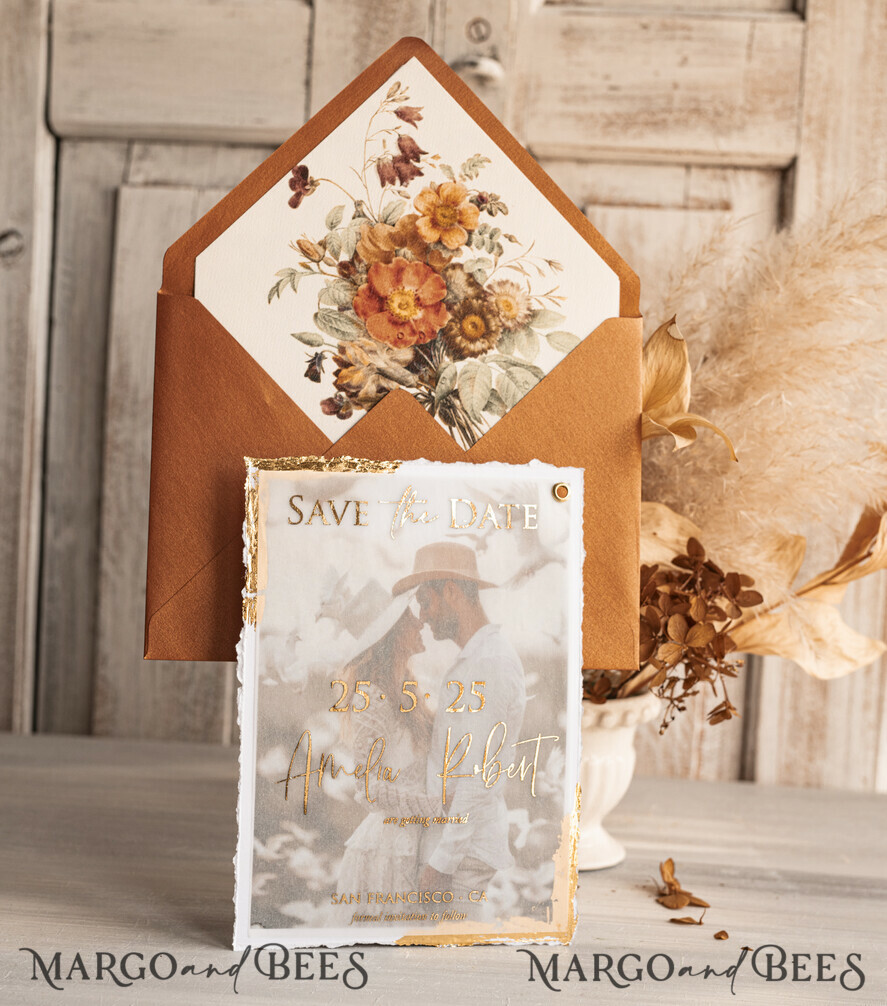 Terracotta Burnt Orange Save the Date Cards: Floral Elegance with Vellum Photo Overlay