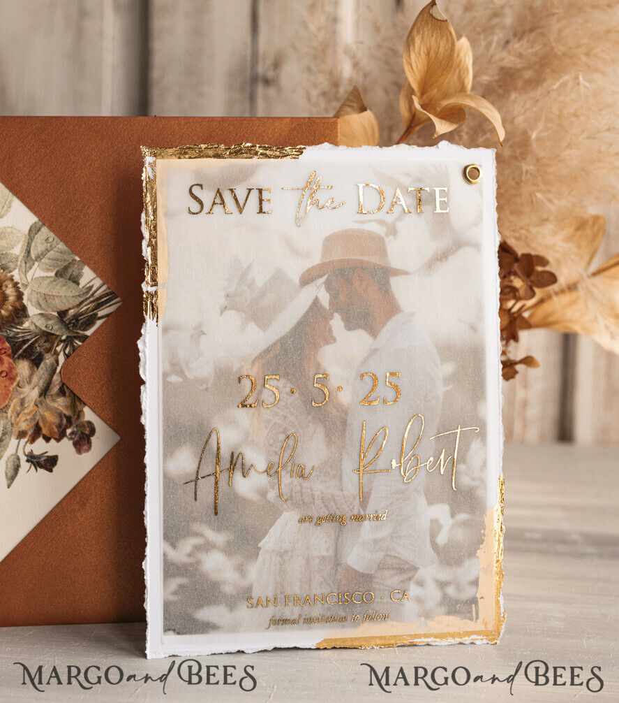 Terracotta Save the Date Cards with Photo, Burnt Orange Vellum Golden Save Our Dates with Photo