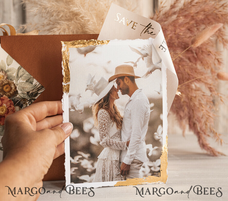 Terracotta Save the Date Cards with Photo, Burnt Orange Vellum Golden Save Our Dates with Photo