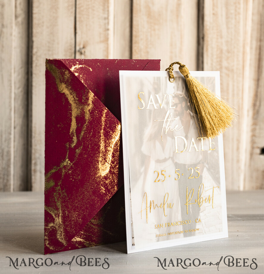 Maroon Tassel Gold Marble Save the Date Cards with Photo, Burgundy Vellum Save Our Dates with Photo Gold Foil Calendar Cards