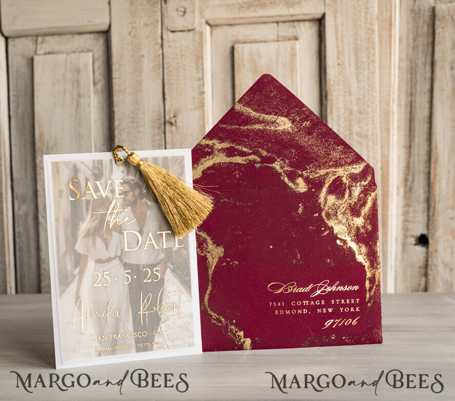 Maroon Tassel Gold Marble Save the Date Cards with Photo, Burgundy Vellum Save Our Dates with Photo Gold Foil Calendar Cards