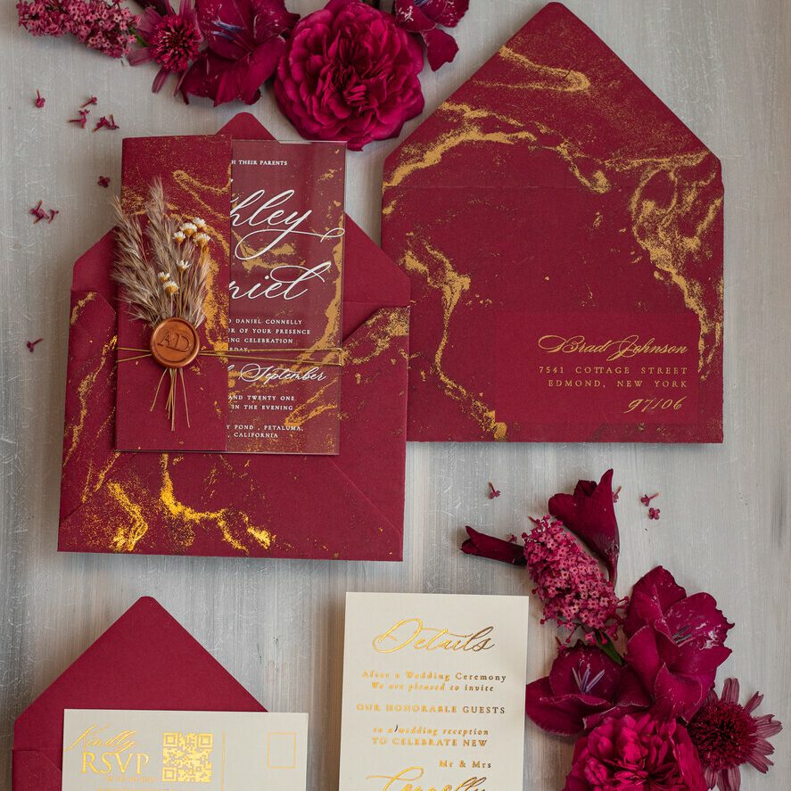 Elegant Burgundy and Gold Wedding Invitations: Marble Accents, Maroon Acrylic, and Pampas Grass