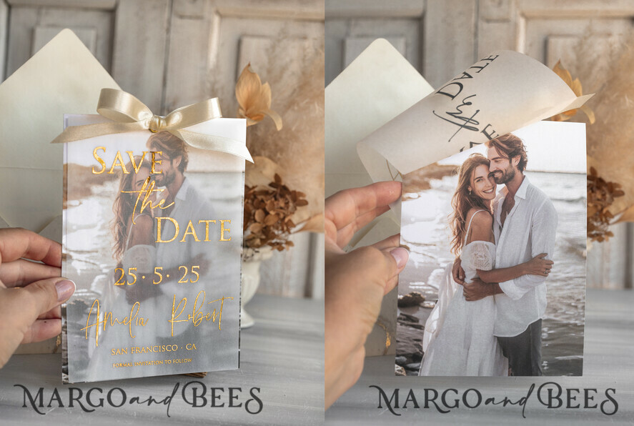 Ivory Gold Marble Save the Date Cards with Photo, Vellum Save Our Dates with Photo Gold Foil Calendar Cards