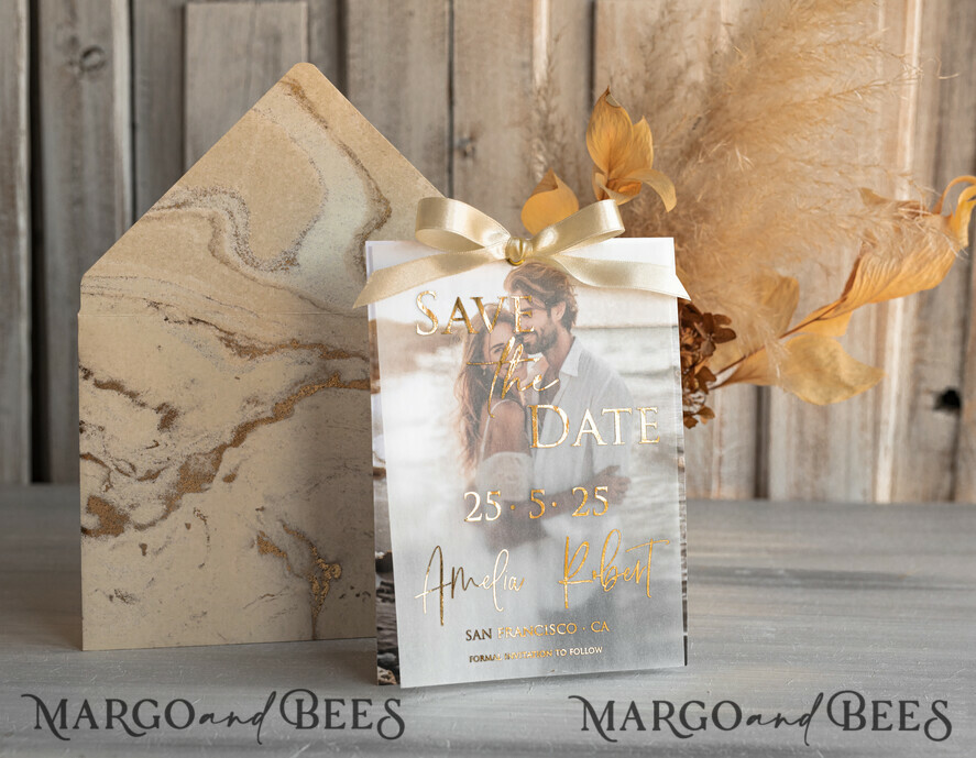 Ivory Gold Marble Save the Date Cards: Elegance with Ribbon and Vellum Photo