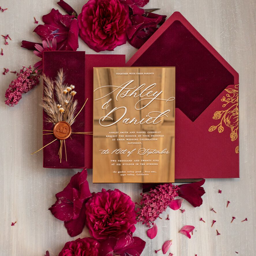 Luxurious Burgundy and Gold Wedding Invitations: Elegant Design with Maroon Acrylic and Pampas Grass