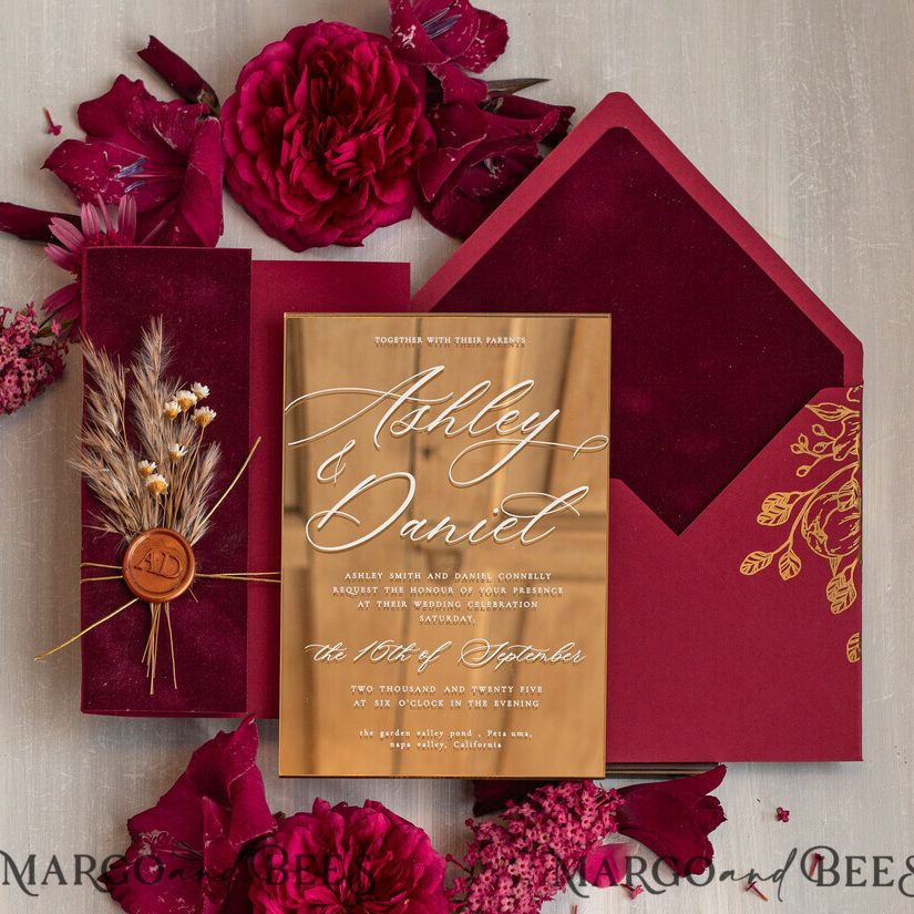 Burgundy Mirror gold Wedding Invitations, Elegant Garden Wedding Cards, maroon Acrylic Wedding Invites, Pampass Grass Gold Plexi Wedding Invitation Suite