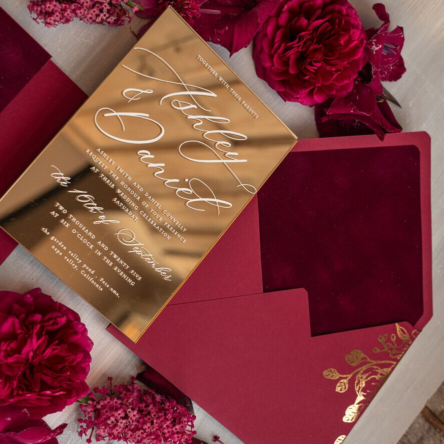 Burgundy Mirror gold Wedding Invitations, Elegant Garden Wedding Cards, maroon Acrylic Wedding Invites, Pampass Grass Gold Plexi Wedding Invitation Suite