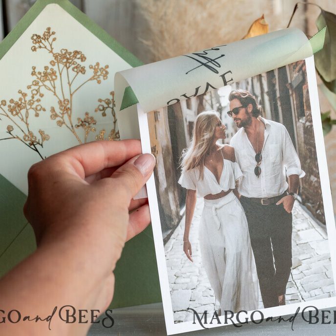 Sage green Save the Date Cards with Photo, Baby breath lowers Save Our Dates with Photo Gold Foil Calendar Cards