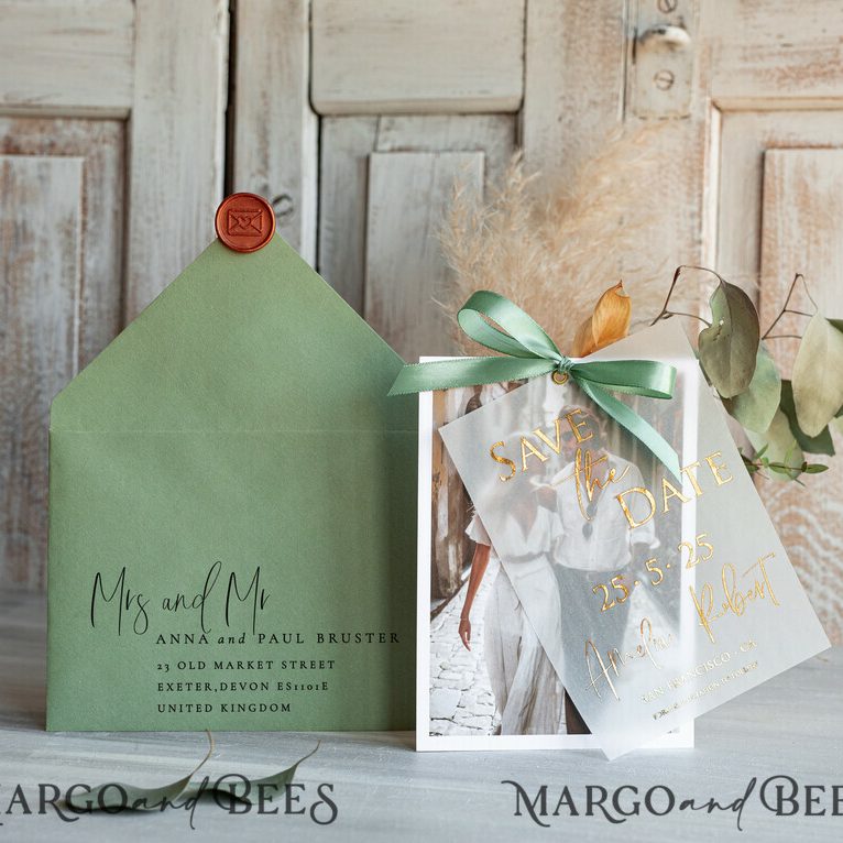 Sage Green Save the Date: Elegant Bow, Photo, and Vellum with Gold Baby’s Breath