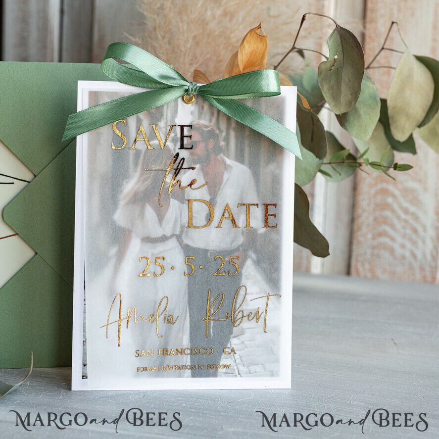 Sage green Save the Date Cards with Photo, Baby breath lowers Save Our Dates with Photo Gold Foil Calendar Cards