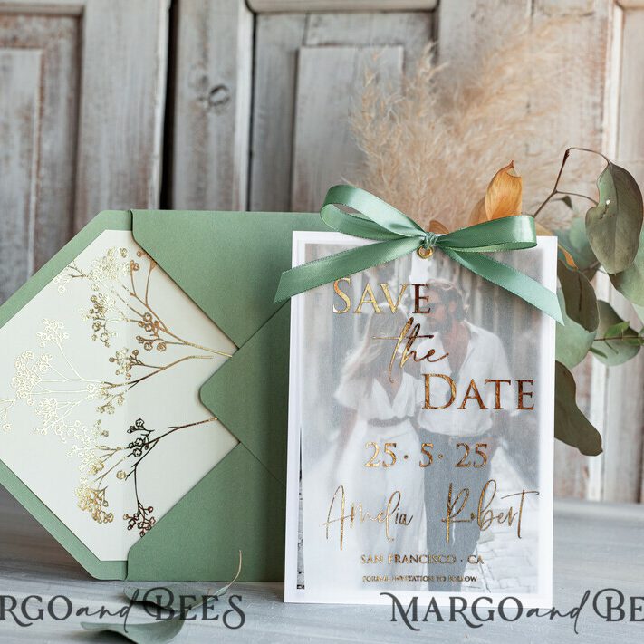 Sage green Save the Date Cards with Photo, Baby breath lowers Save Our Dates with Photo Gold Foil Calendar Cards