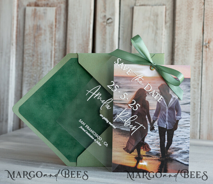 Sage Green Velvet Save the Date: Photo Design with Gold Foil Calendar and Bow Accent