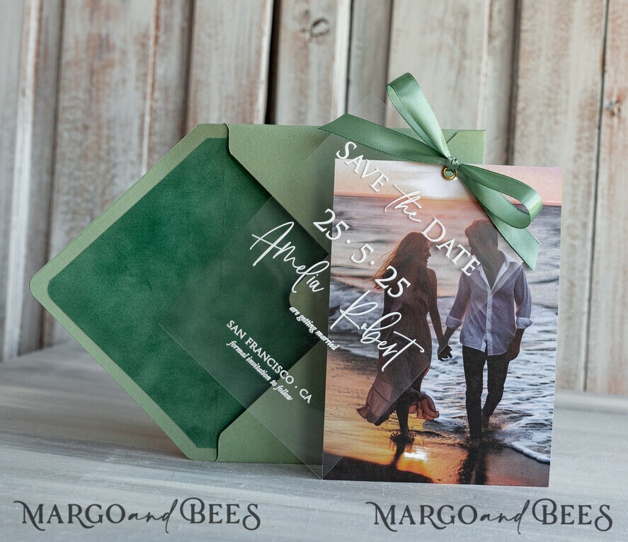 Sage Green Velvet Save the Date Cards with Photo, Velvet Save Our Dates with Photo Gold Foil Calendar Cards