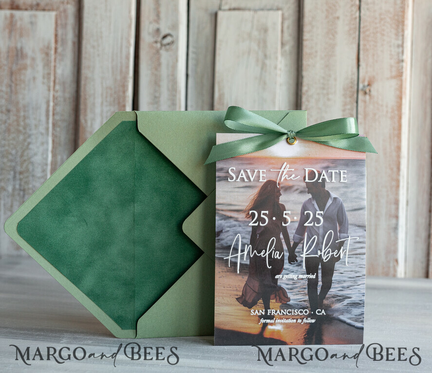 Sage Green Velvet Save the Date Cards with Photo, Velvet Save Our Dates with Photo Gold Foil Calendar Cards