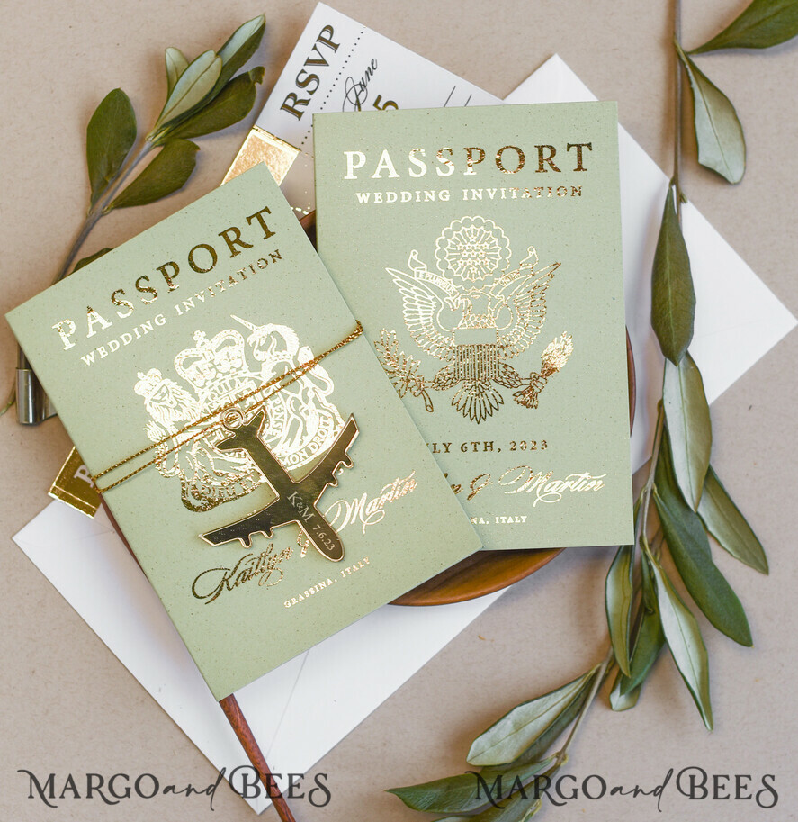 Sage Green Tusacny Passport Wedding Invitation, Gold Greece Wedding Cards Boarding Pass, Passport Wedding Invitations Abroad, Greenery Destination Wedding Invites, Travel Map Wedding Stationary