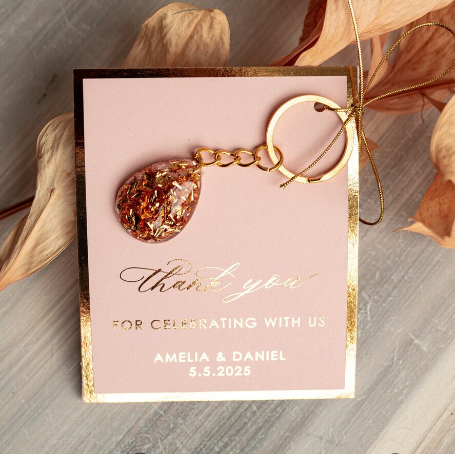 Gold Keychain Wedding Favors: Teardrop Design with Gold Sprinkle and Pink Golden Card