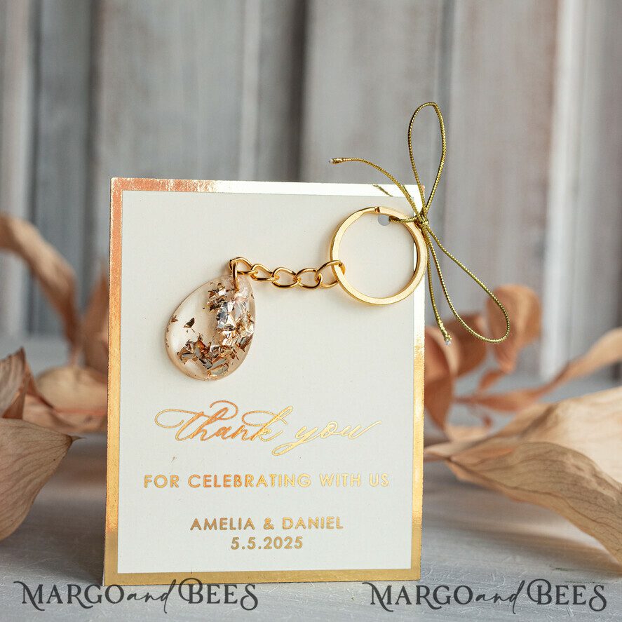 Wedding Favors For Guests in bulk Custom Resin Keychain, Golden personalised Thank you gifts Teardrop Keychain with Gold-Plated Stainless Steel Hardware