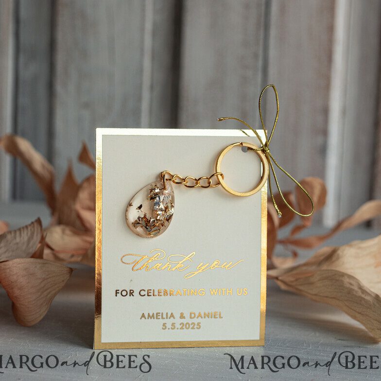 Resin Keychains Wedding Favors: Teardrop Design with Gold Flakes on Ivory Gold Edges Card