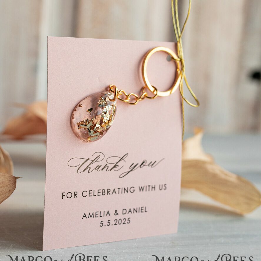 Wedding Favors For Guests in bulk Custom Resin Keychain, Golden personalised Thank you gifts Teardrop Keychain with Gold-Plated Stainless Steel Hardware