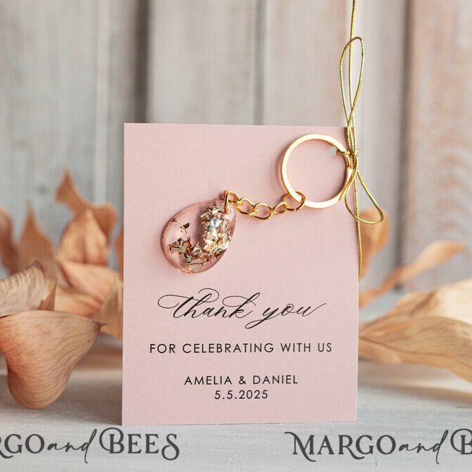 Gold Keychain Wedding Favors: Teardrop Design with Gold Flakes and Pink Card