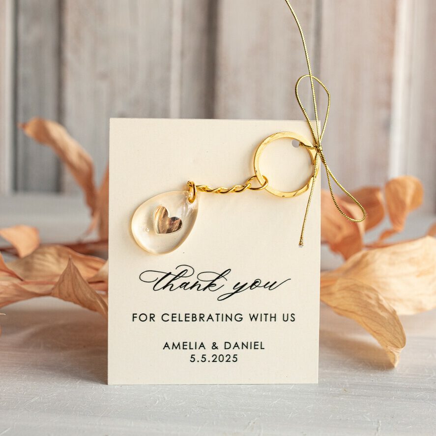 Wedding Favors For Guests in bulk Custom Resin Keychain, Golden personalised Thank you gifts Teardrop Keychain with Gold-Plated Stainless Steel Hardware