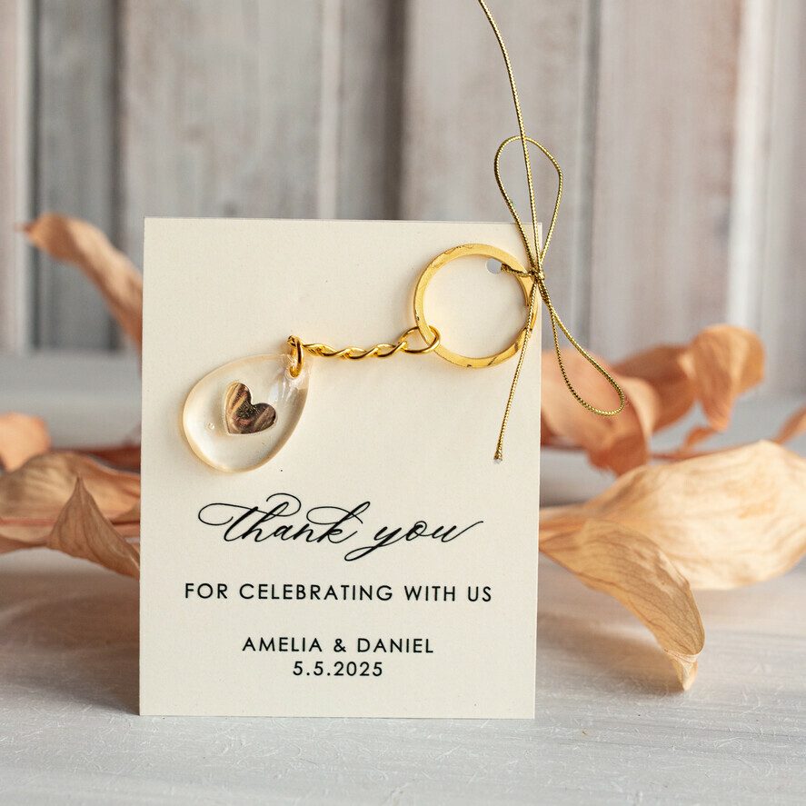 Gold Keychain Wedding Favors: Teardrop Design with Gold Heart and Ivory Thank You Card