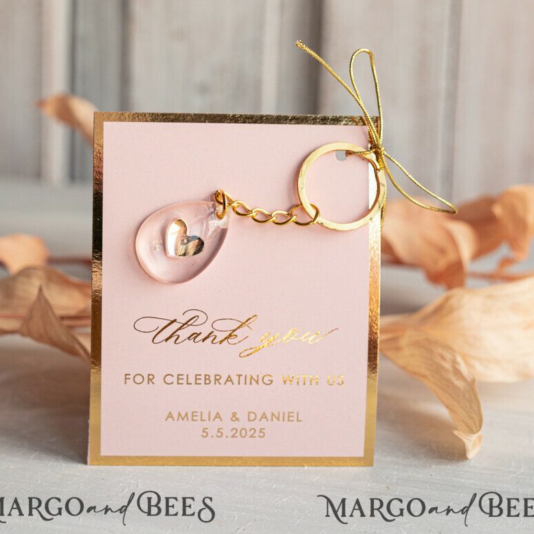 Wedding Favors For Guests in bulk Custom Resin Keychain with heart, Golden personalised Thank you gifts Teardrop Keychain with Gold-Plated Stainless Steel Hardware