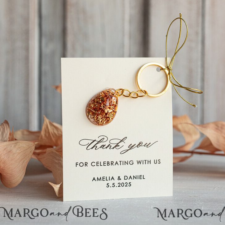 Gold Keychain Wedding Favors: Teardrop Design with Gold Sprinkle and Ivory Thank You Card