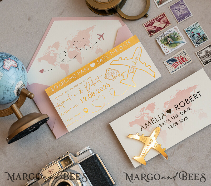 Blush Pink golden airplane magnet Save The Date Cards boardingpass travel airplane save the dates destination wedding magnets