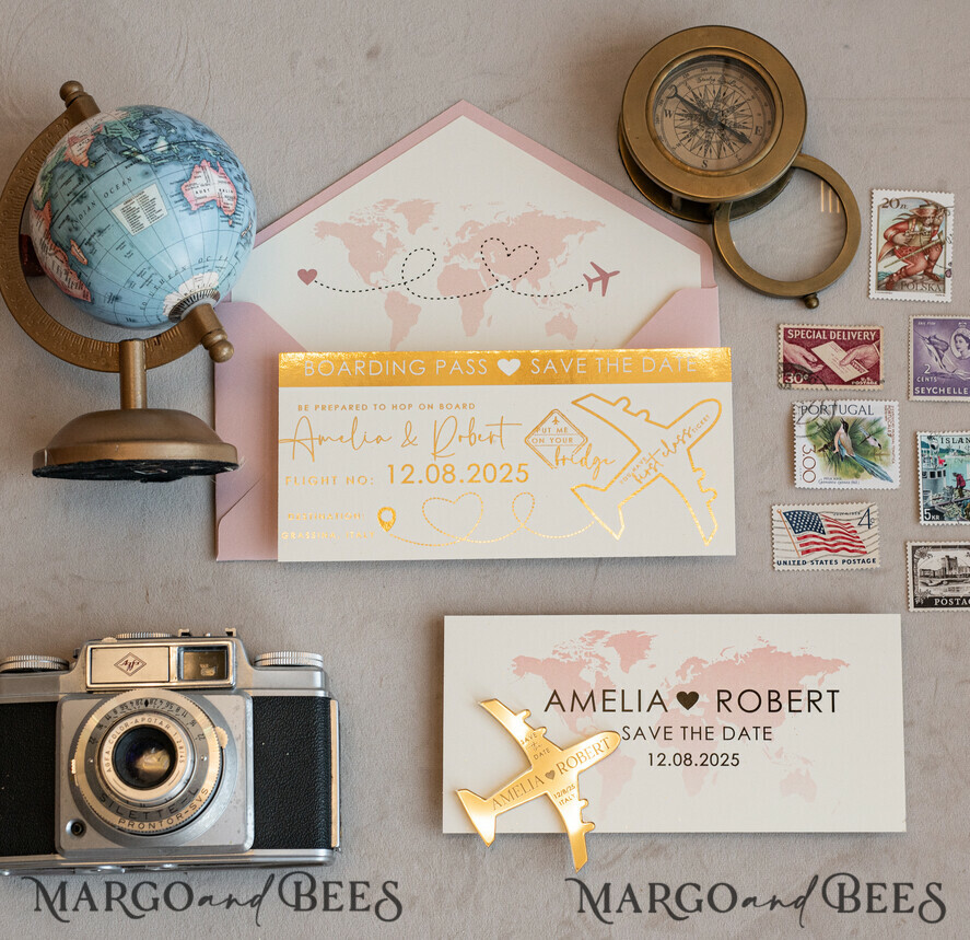 Gold Travel-Themed Save the Date Cards with Airplane Magnets