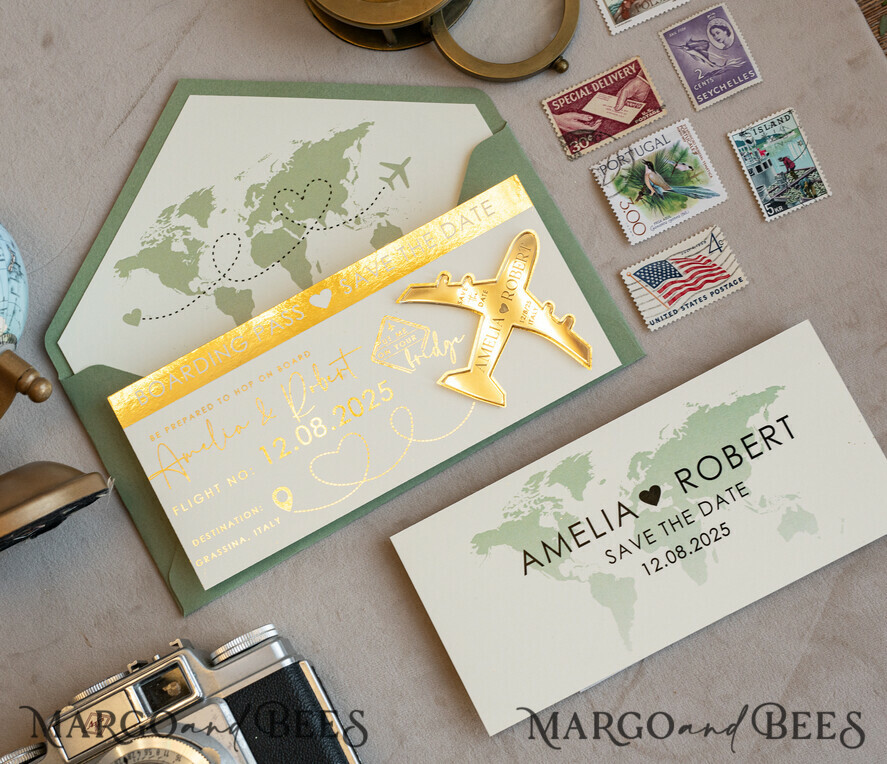 Sage green golden airplane magnet Save The Date Cards boardingpass travel airplane save the dates destination wedding magnets