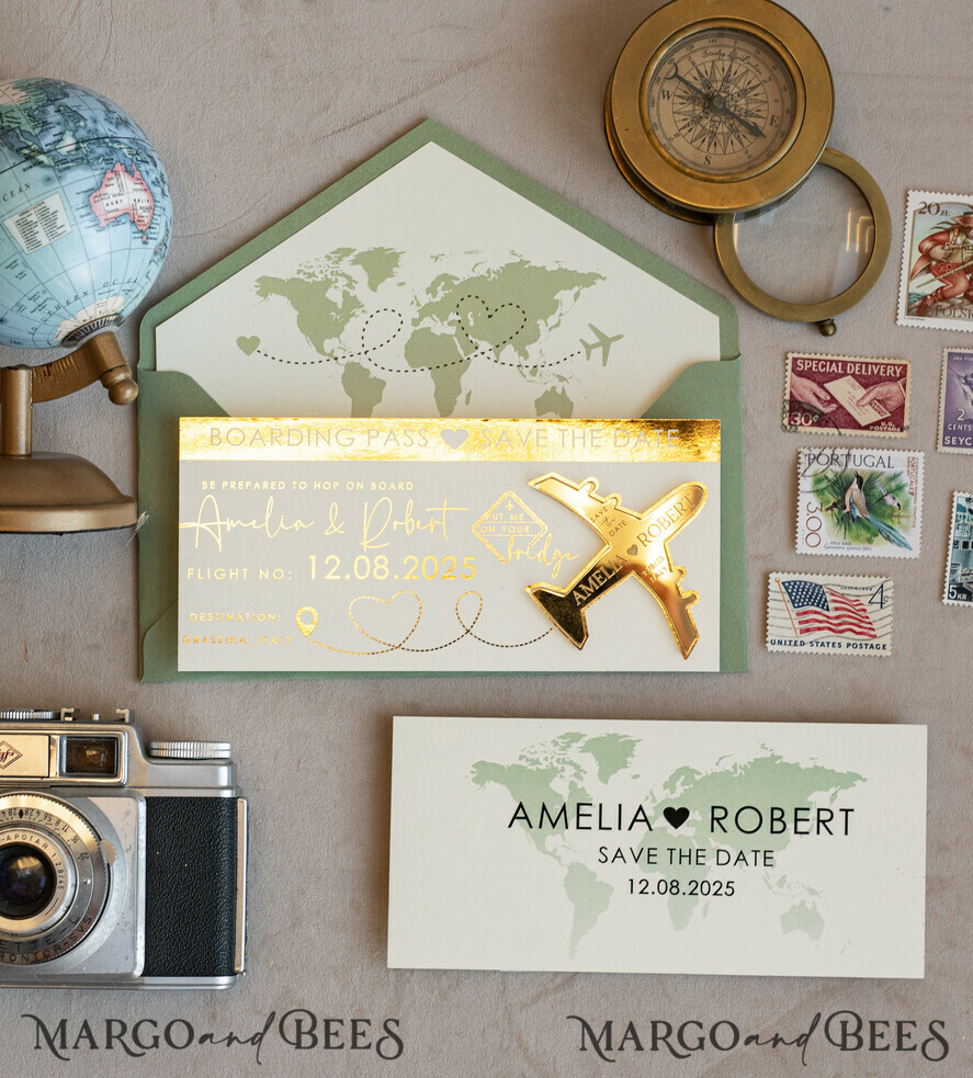 Sage green golden airplane magnet Save The Date Cards boardingpass travel airplane save the dates destination wedding magnets