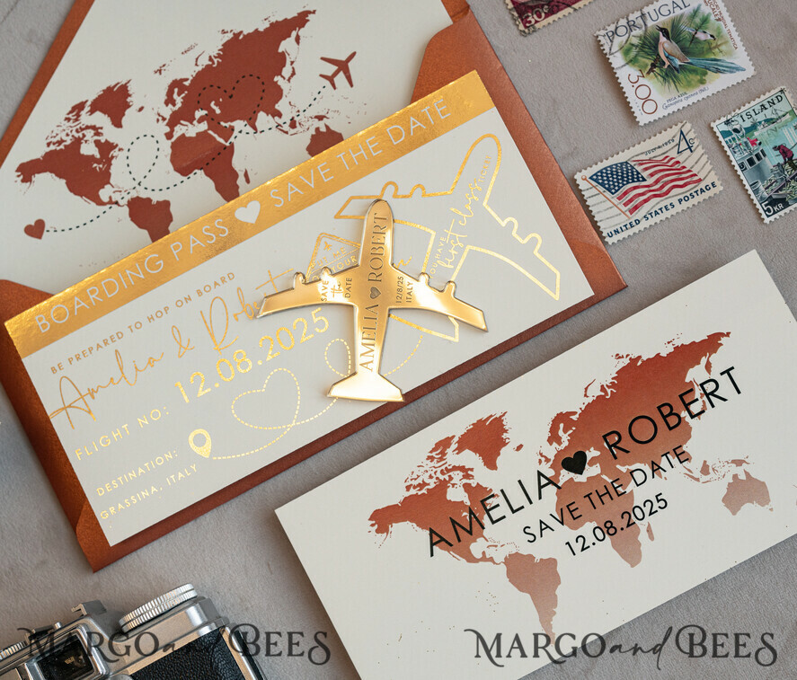 Terracotta golden airplane magnet Save The Date Cards boardingpass travel airplane save the dates destination wedding magnets