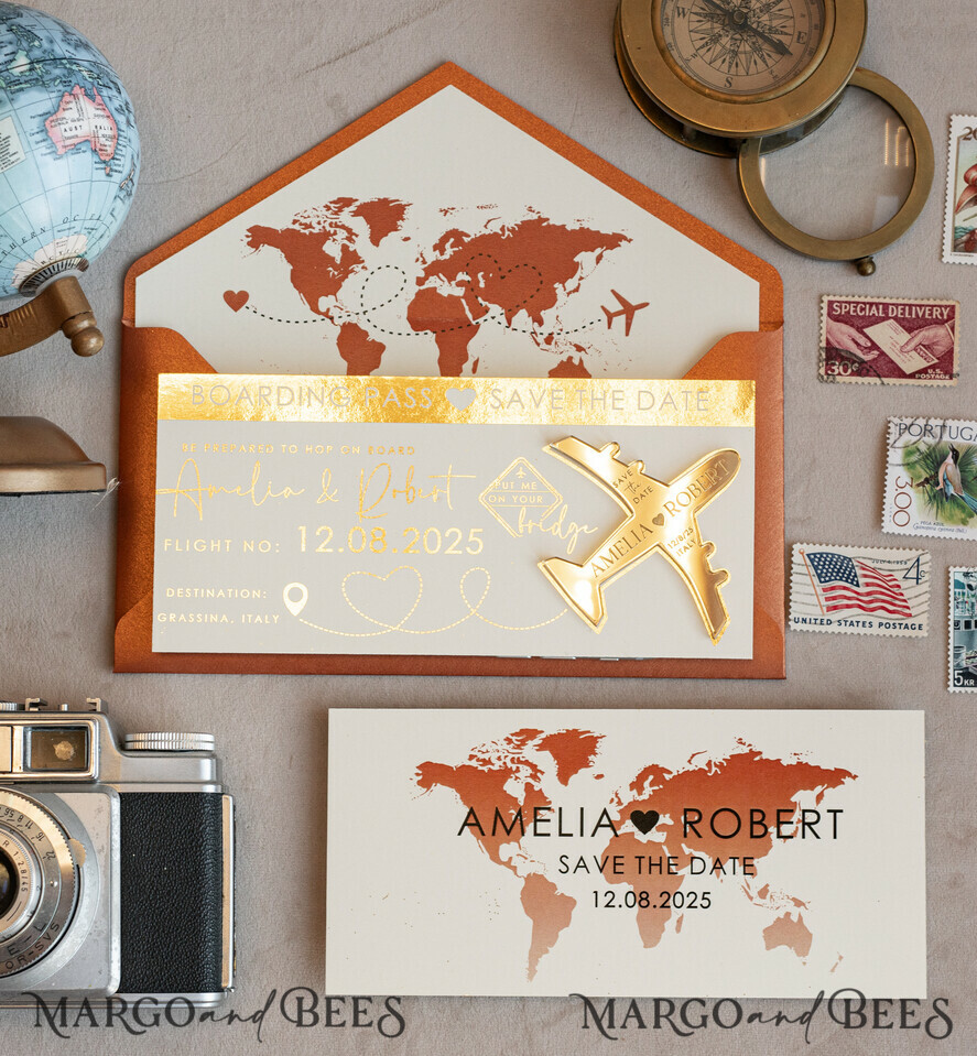 Terracotta golden airplane magnet Save The Date Cards boardingpass travel airplane save the dates destination wedding magnets