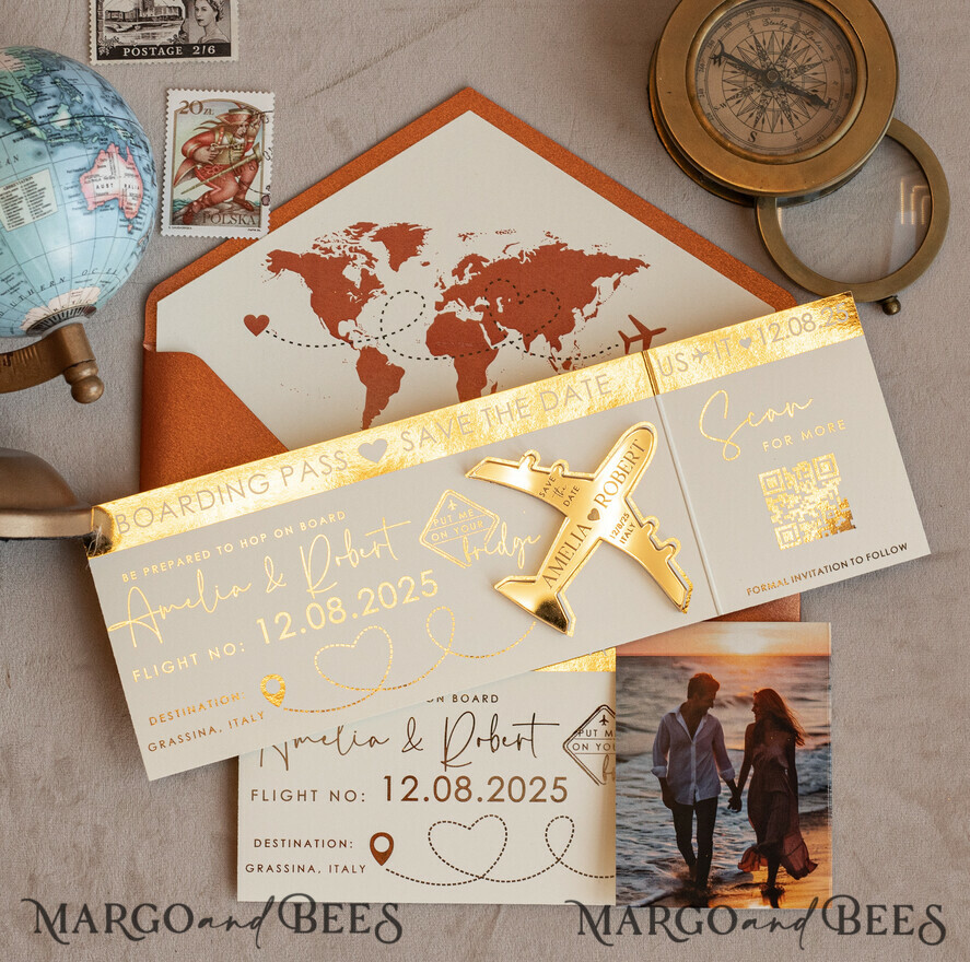 Terracotta golden airplane magnet Save The Date Cards with photo boardingpass travel airplane save the dates destination wedding magnets