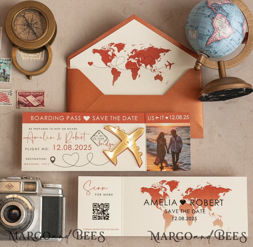 Terracotta golden airplane magnet with photo Save The Date Cards boardingpass travel airplane save the dates destination wedding magnets