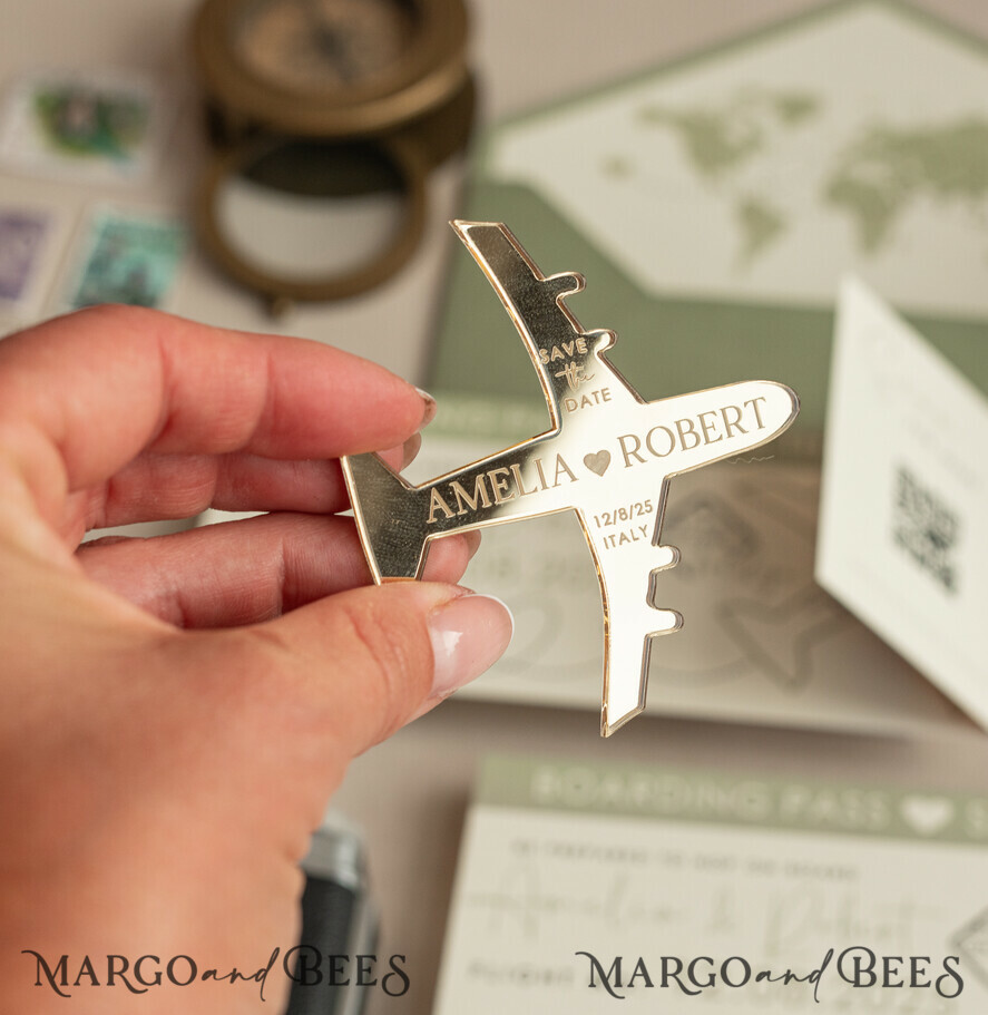 Sage green golden airplane magnet Save The Date Cards with photo boardingpass travel airplane save the dates destination wedding magnets