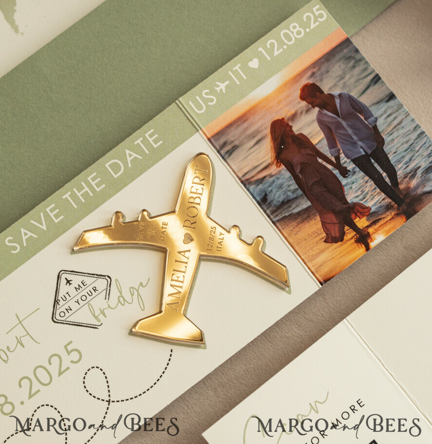 Sage green golden airplane magnet Save The Date Cards with photo boardingpass travel airplane save the dates destination wedding magnets