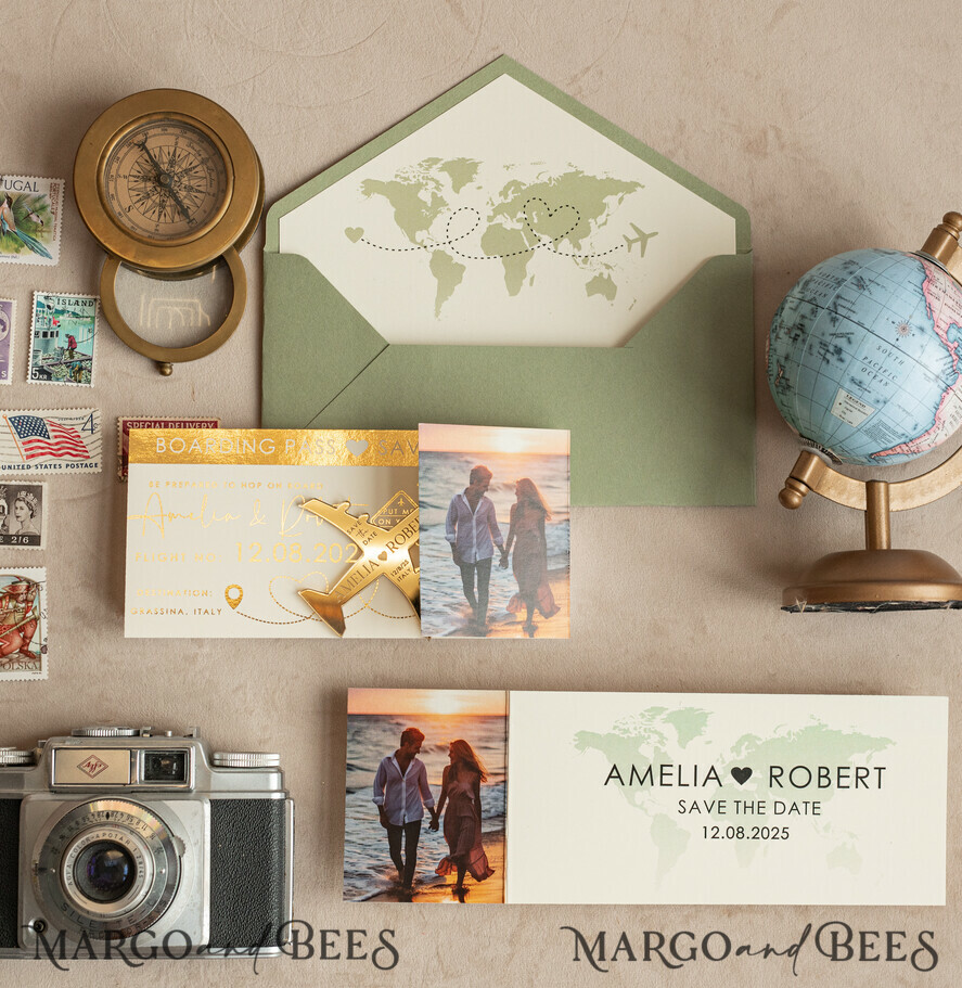 Sage green golden airplane magnet Save The Date Cards with Photo boardingpass travel airplane save the dates destination wedding magnets