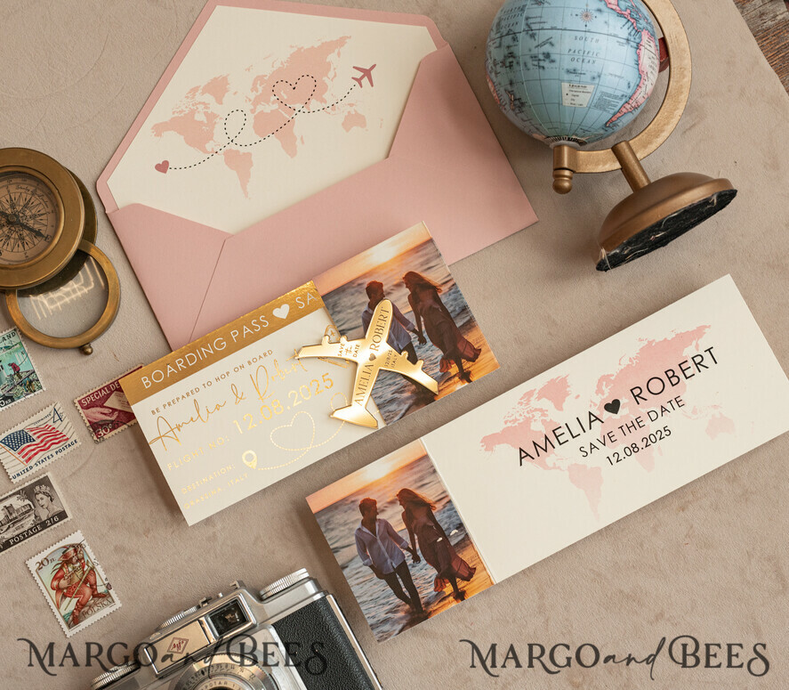 Blush Pink golden airplane magnet Save The Date Cards with Photo boardingpass travel airplane save the dates destination wedding magnets