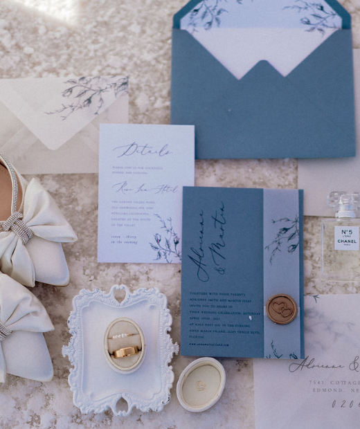 Essentials for a Classical Picturesque Dreamy Romantic Wedding Celebration: Elegant Sand and Blue Wedding with Florals, Soft Blues, and Vellum Accents